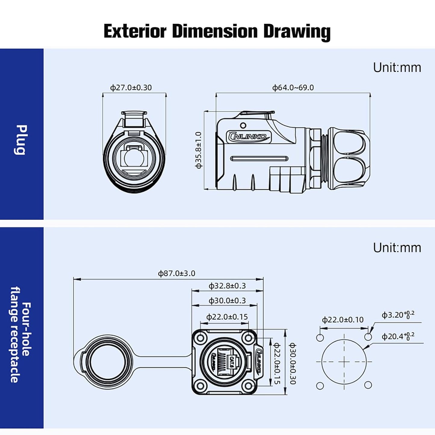 RJ45 Waterproof Connector, Cat6 RJ45 Ethernet Industrial Waterproof Connector , 8P8C Aviation Dual Port Connector, IP68 Signal Connector for Home, Industrial Network Connection