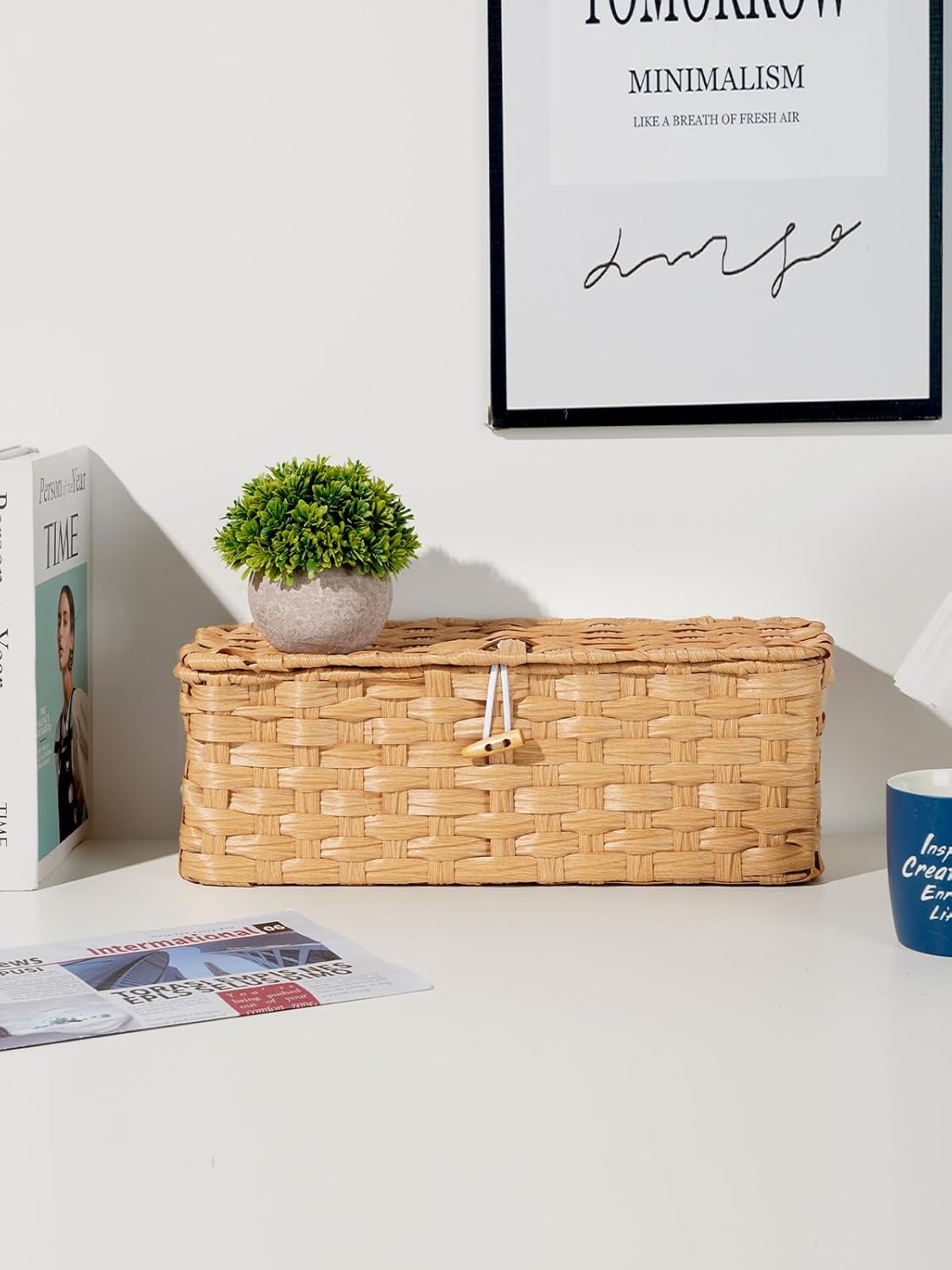 Temary Cable Management Box with Lids, 2-Pack Handmade Cable Organizer Boxes for Home, Office to Hide Cords and Power Strip, Cord Cover Floor Hider Set Woven Rattan Cable Organizer Box