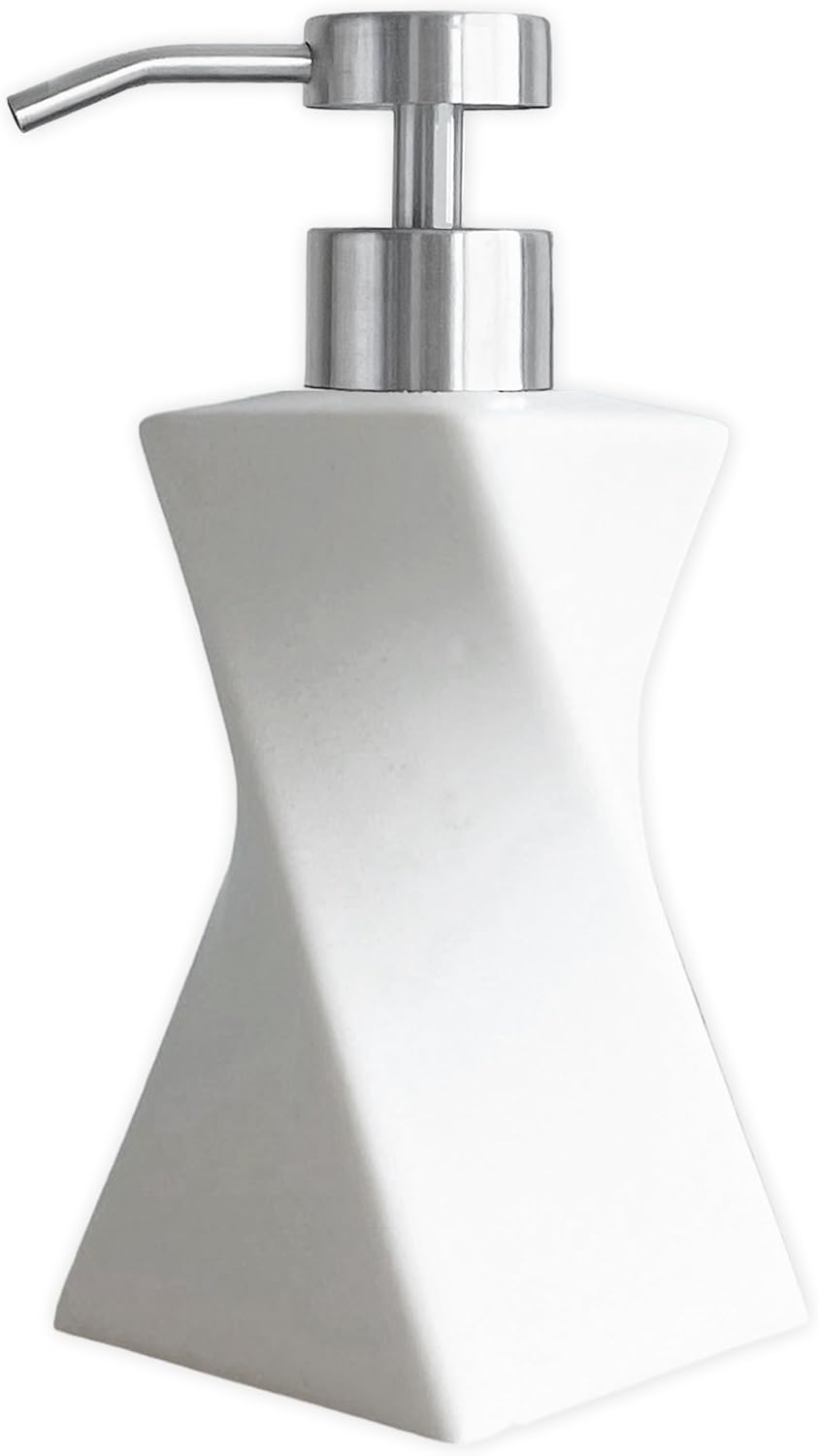 Modern White Twisted Soap Dispenser with Stainless Steel Pump for Bathroom and Kitchen, Contemporary Art Style, Matte Finish, Geometric Design, 8.5oz (Arctic White)