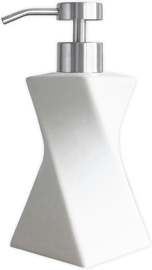 Modern White Twisted Soap Dispenser with Stainless Steel Pump for Bathroom and Kitchen, Contemporary Art Style, Matte Finish, Geometric Design, 8.5oz (Arctic White)