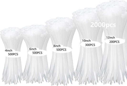 2000 PCS Zip Ties Assorted Sizes 4+6+8+10+12 Inch Self-locking Nylon Cable ties Heavy Duty Outdoor, UV Resistant Wire Straps for Home Office Garden Workshop Indoor Outdoor Fence((White)