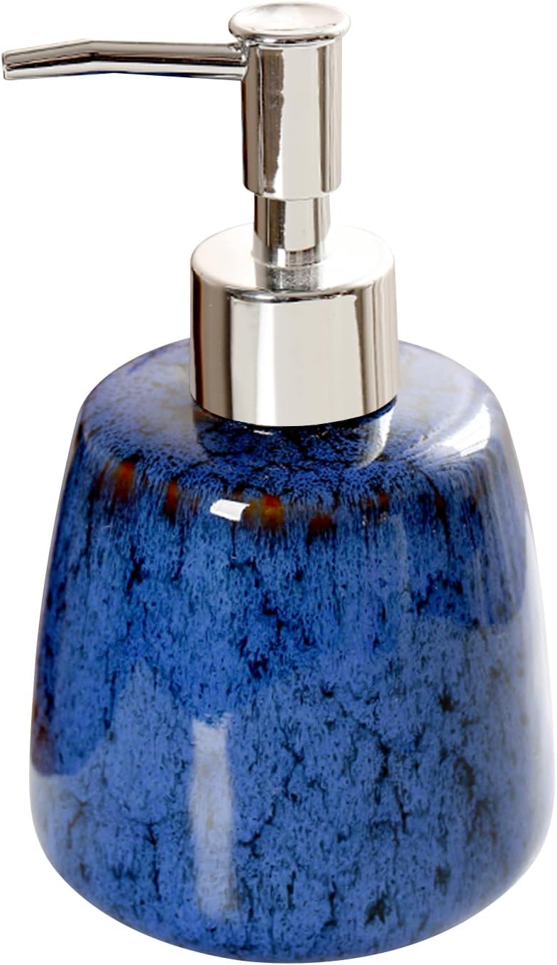 Jessie Hand Soap Dispenser,Blue Ceramic Liquid Hand Soap Dispenser with Pump,Modern Vintage Refillable Hand Lotion Pump Bottle for Bathroom Kitchen Set 10.8 oz (Blue)