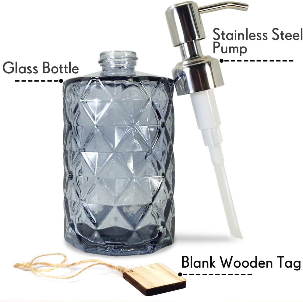 JASAI Diamond Design Glass Soap Dispenser with 304 Rust Proof Stainless Steel Soap Pump, 12 Ounce Kitchen Soap Dispenser for Bathroom, Hand Soap, Dish Soap (Grey)
