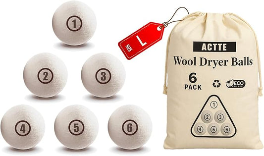 Wool Dryer Balls Laundry, L(2.3") 6 Pack, Premium Fabric Softener Ball, Reusable, Anti Static, Chemical Free Natural Wool Balls for Dryer, Laundry Dryer Balls – 100% New Zealand Wool