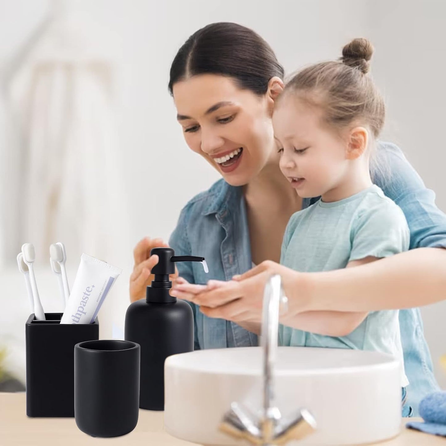 Resin 6 Pcs Black Bathroom Set Complete with Toothbrush Holder, Lotion Soap Dispenser, 2 Qtip Holder Dispensers,Vanity Tray,Bathroom Tumbler - Countertop Vanity Organizer - Bathroom Accessories Set