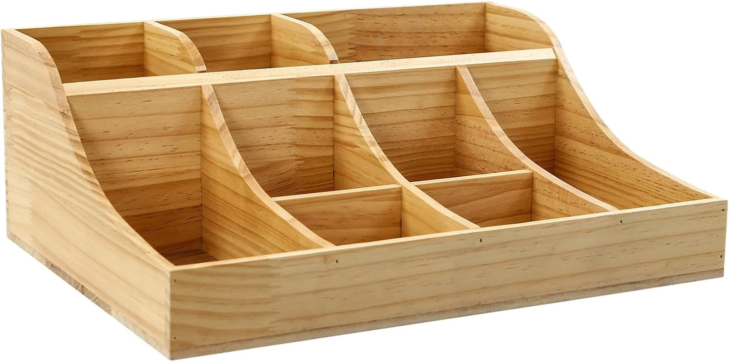 Coffee Bar Organizer for Countertop, Wooden Condiment Organizer Coffee Station Organizer Coffee Cup Pod Holder, Coffee Bar Organizer for Home Office Cafe, 9 Compartment, Wood Color