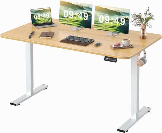 Furmax Electric Height Adjustable Standing Desk Large 55 x 24 Inches Sit Stand up Desk Home Office Computer Desk Memory Preset with T-Shaped Metal Bracket, Light Wood