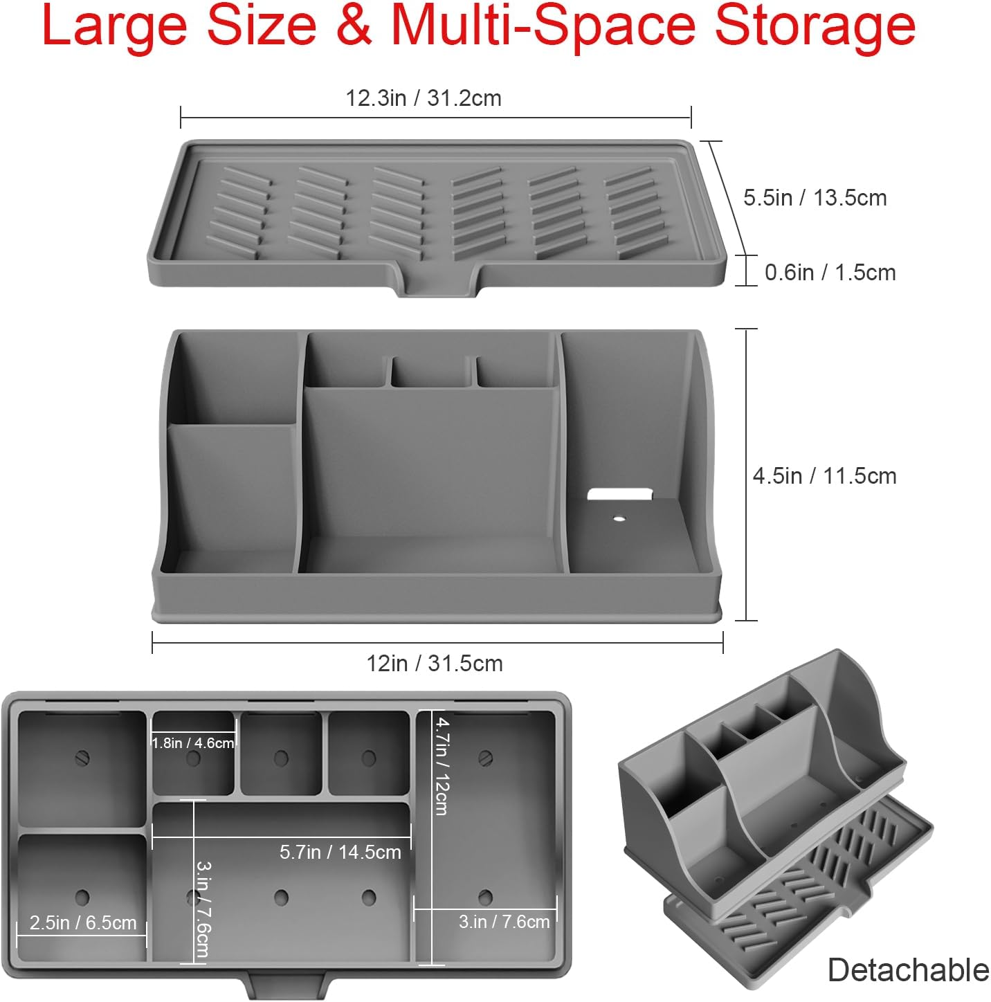 Large Silicone Bathroom Toothbrush Holder with Drainage, Electric Family Size Toothbrush Holder 7 Slots Countertop Toothpaste Holder Stand Organizer for Kids and Adult, Grey