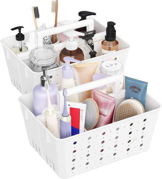 Lifewit Portable Shower Caddy with Handle, 2 Pcs Plastic Shower Caddy Dorm with Holes, Clean Organizer Basket for Bathroom, College, Dorm Room Essentials, White