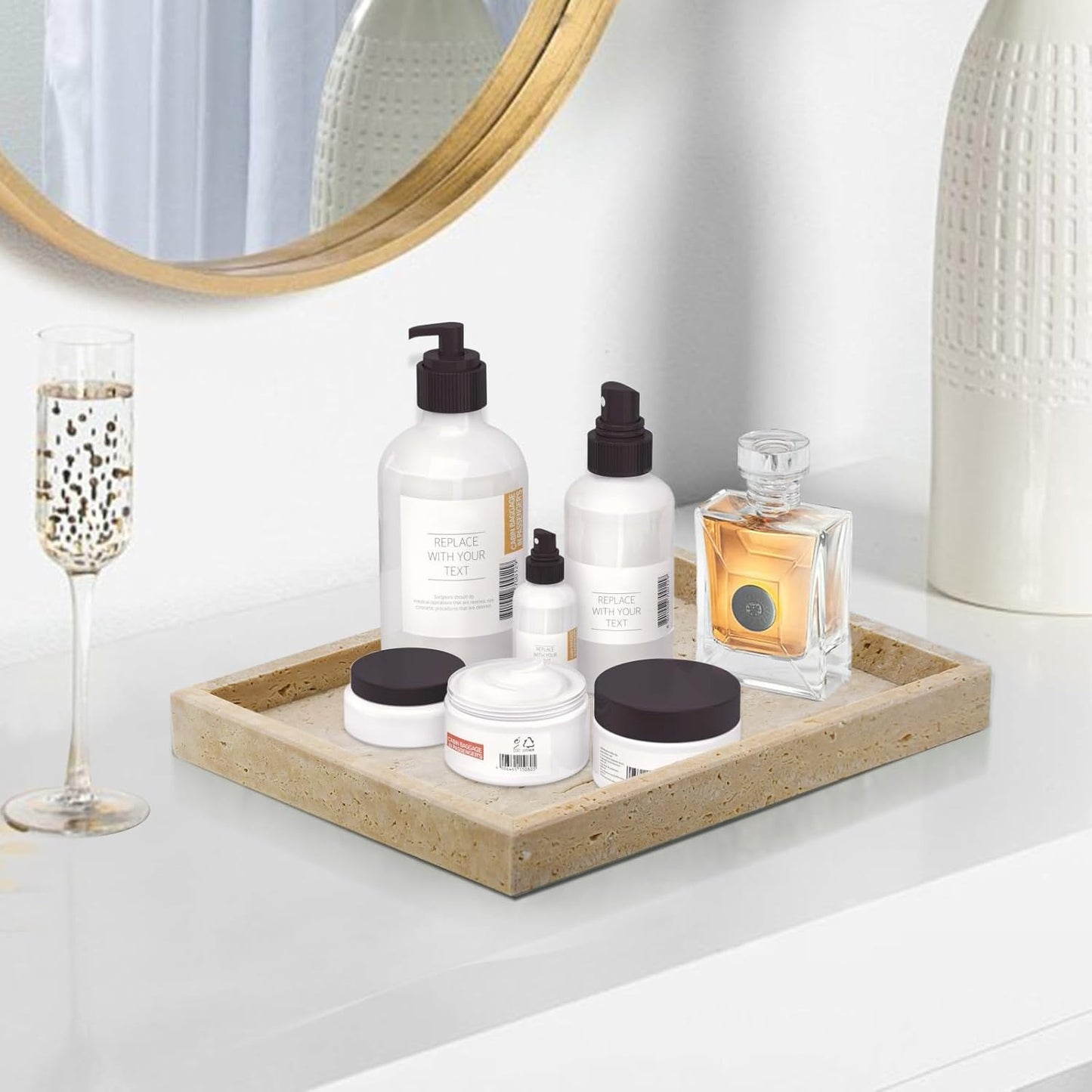 Travertine Tray,Bathroom Vanity Tray Non-Ceramic/Non-Resin,Marble Perfume Decorative Tray 12 x 8 inch (Travertine)