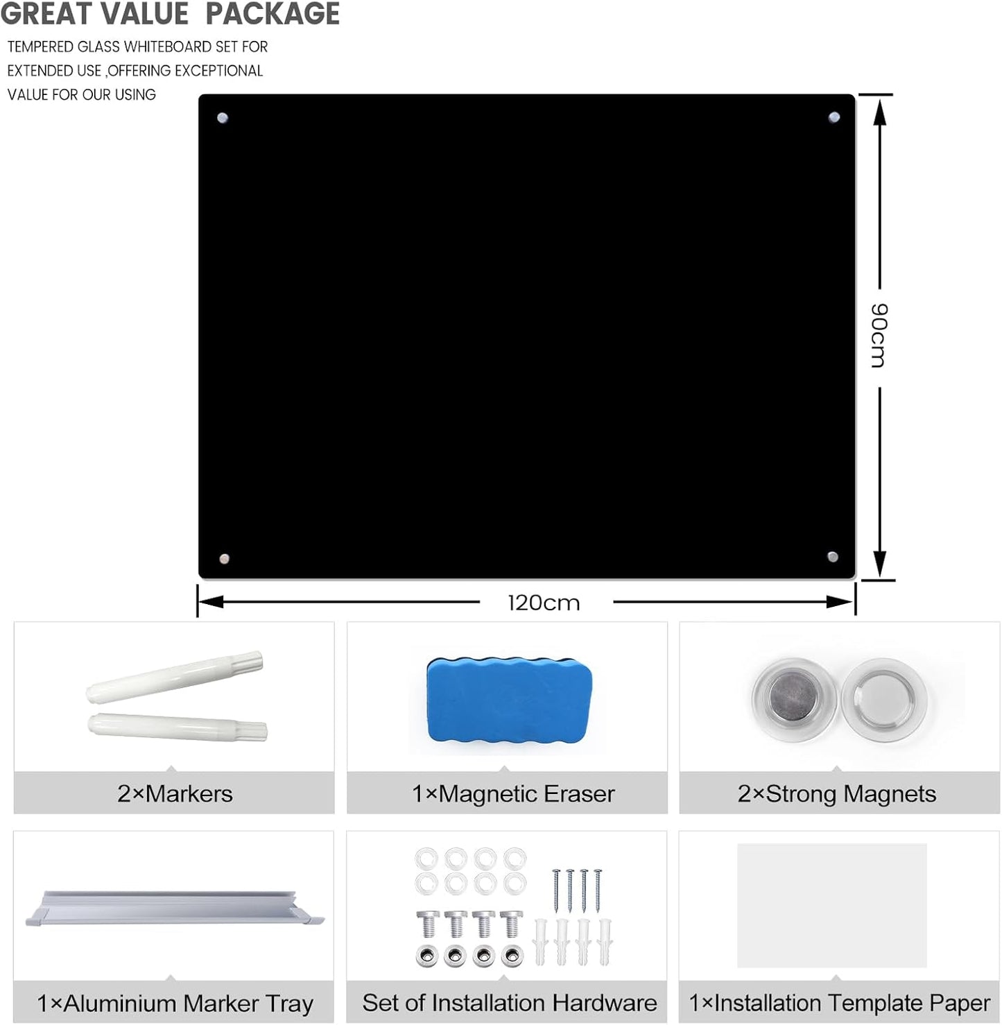 Magnetic Glass Whiteboard 48" x 36" Dry Erase Board Frameless Premium Tempered Galssboards Wall Mounted Glossy writeboard with Eraser, Marker Tray for Interactive Office, (Black)