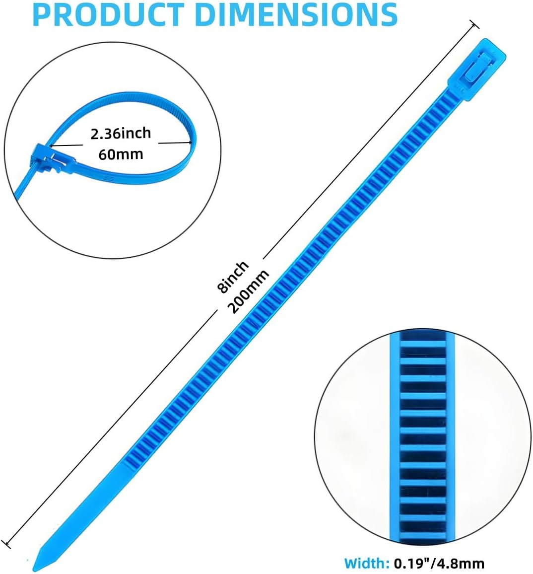 50 PCS 8 Inch Reusable Zip Ties Blue – Adjustable Cable Tie, 36 LBS Strength for Home, Car, Office & Wire Management (Self-Locking, Indoor/Outdoor Use)