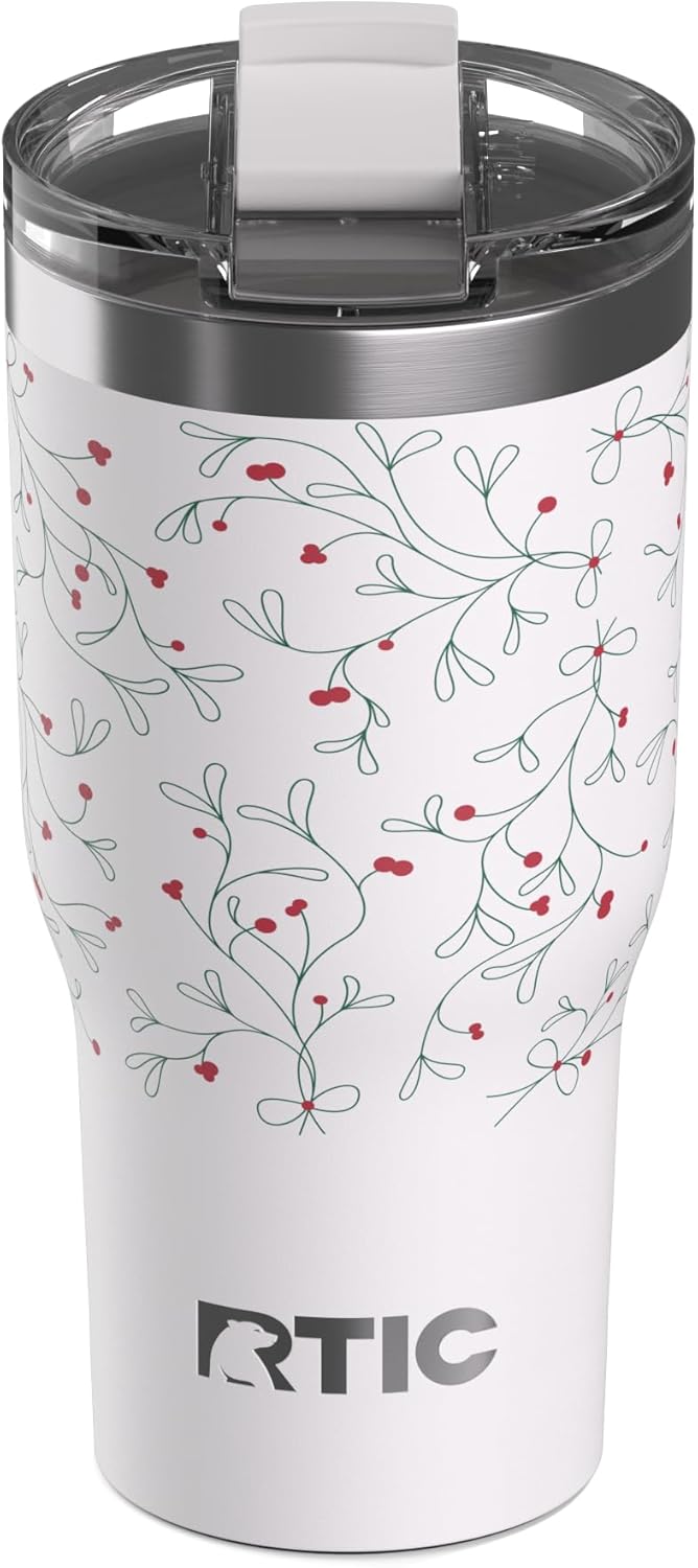 RTIC 30oz Essential Tumbler with Lid, Ceramic Lined, Insulated, Stainless Steel, Metal, Double Wall Vacuum-Insulation, Travel Cup for Iced Coffee, Tea, Hot and Cold Drink, Mistletoe