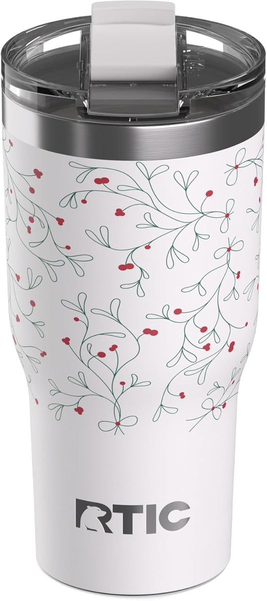 RTIC 30oz Essential Tumbler with Lid, Ceramic Lined, Insulated, Stainless Steel, Metal, Double Wall Vacuum-Insulation, Travel Cup for Iced Coffee, Tea, Hot and Cold Drink, Mistletoe