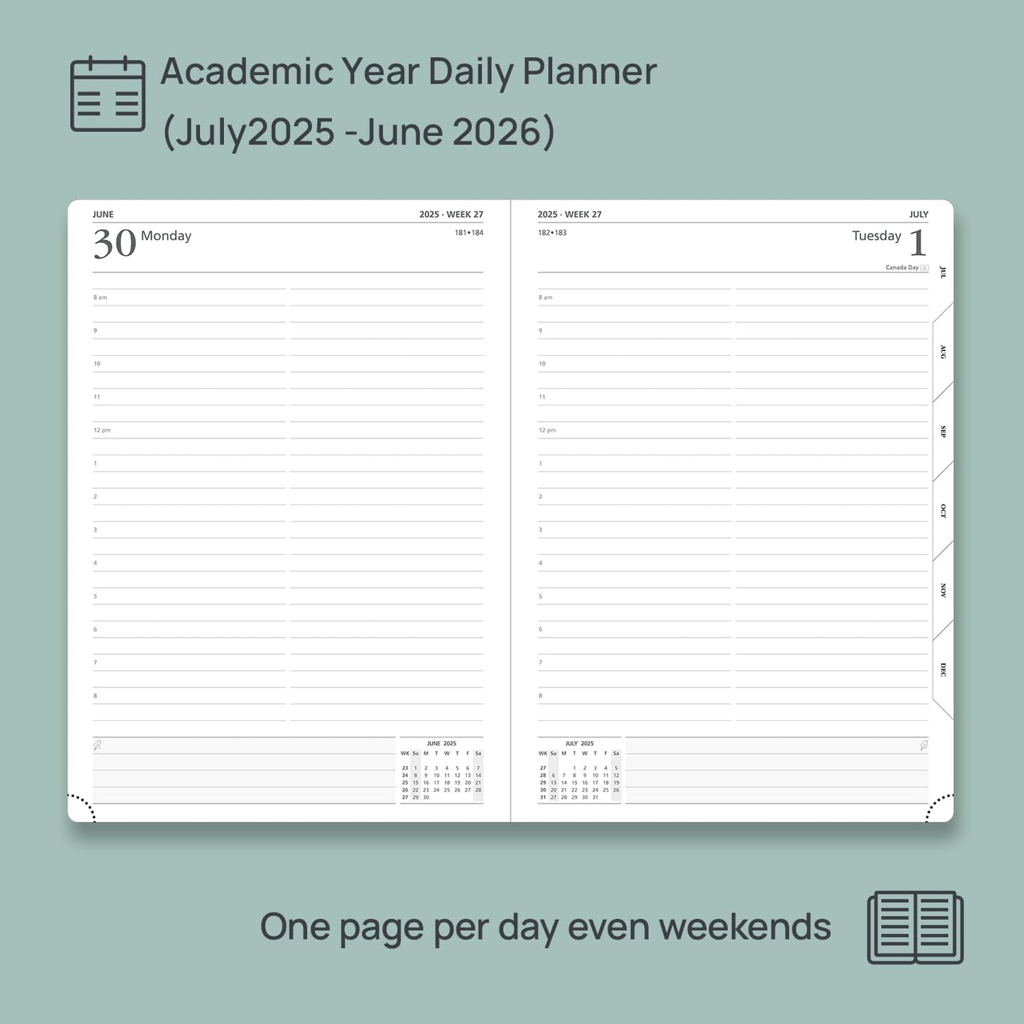 POPRUN 2025-2026 Daily Planner One Page Per Day (Large - 8.25'' x 12'') - Academic Calendar (July 2025 - June 2026), 2025 Day Appointment Book with Monthly Tabs, Hardcover - Pacific Green