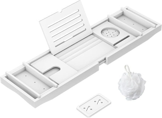 Zhuoyue Bamboo Bathtub Tray, Expandable Premium Bath Tray for Luxury Bathroom, Adjustable Bath Accessories for Tub with Soap Towel Book Holder, Extendable 29.5-43.3" White
