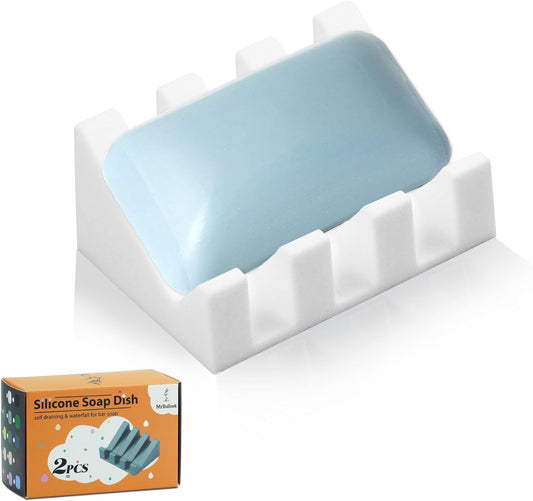 Silicone Soap Dish for Bar Soap Holder for Shower Bathroom Self Draining Waterfall Drying Tray Keep Soap Bars Dry Clean & Easy Cleaning (White1, 1)