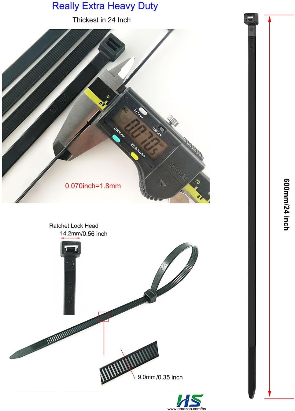 HS Extra Long Cable Zip Ties Heavy Duty 24 Inch, Strong Large Plastic ZipTies Big Straps 200 LBS UV Black 50 Pack,Outdoor Use