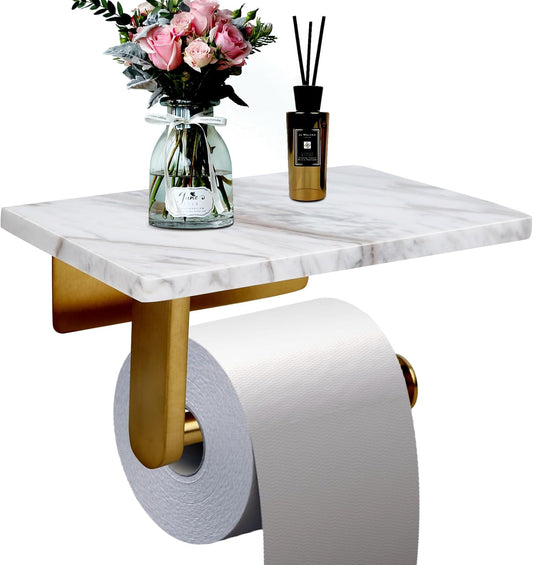 Toilet Paper Holder with Natural Marble Shelf for Bathroom Washroom,Wall Mounted Tissue Holder Suitable for Mega Roll (Brushed Gold, Middle 7.87 * 4.72 in)