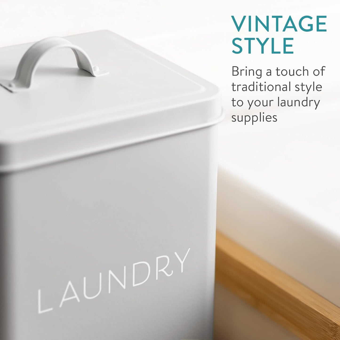 Navaris Laundry Detergent Container with Scoop - Powder Laundry Soap Tin - Vintage Style Metal Organizer Canister Box with Lid and Handles - Gray