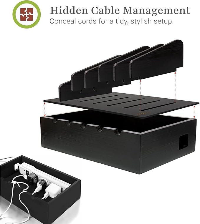 Prosumer's Choice Charging Station for Multiple Devices - 5 Device Charger Organizer for Smartphones and Tablets - Wooden Rack with Removable Dividers - Charging Dock for Work from Home - Black