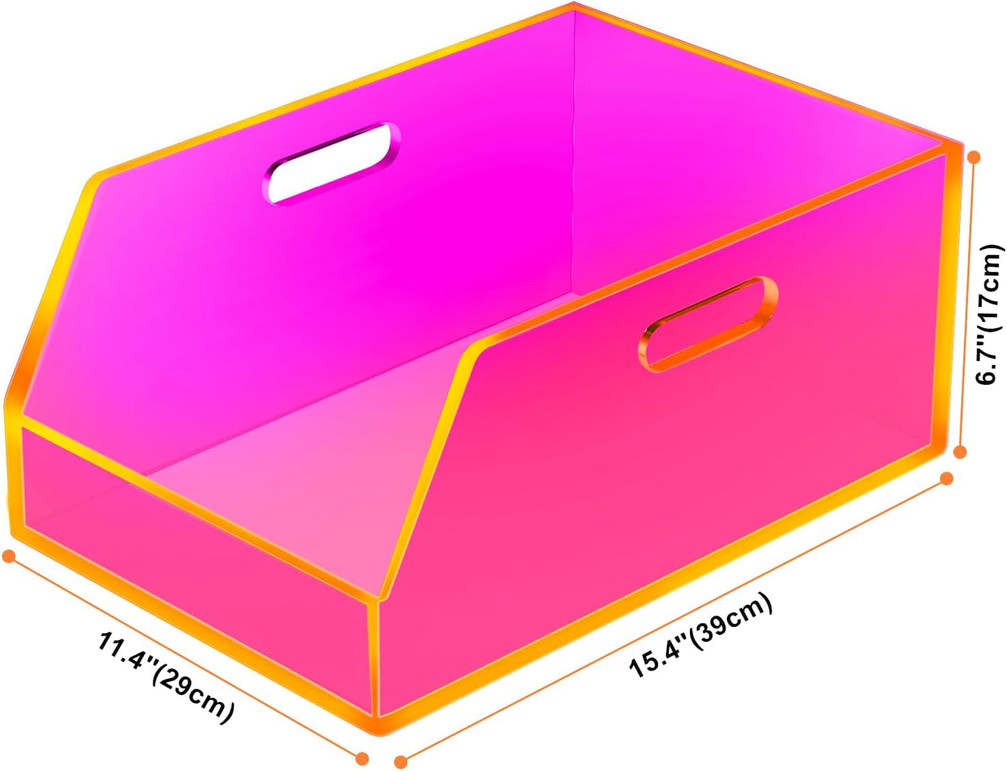 Gelite Stackable Large Storage Bin Organizer with Handles Acrylic Storage Container for Toy Pantry Kitchen Cabinet Bathroom Closet Office Organization, 15.4x11.4x6.7'', Neon Pink