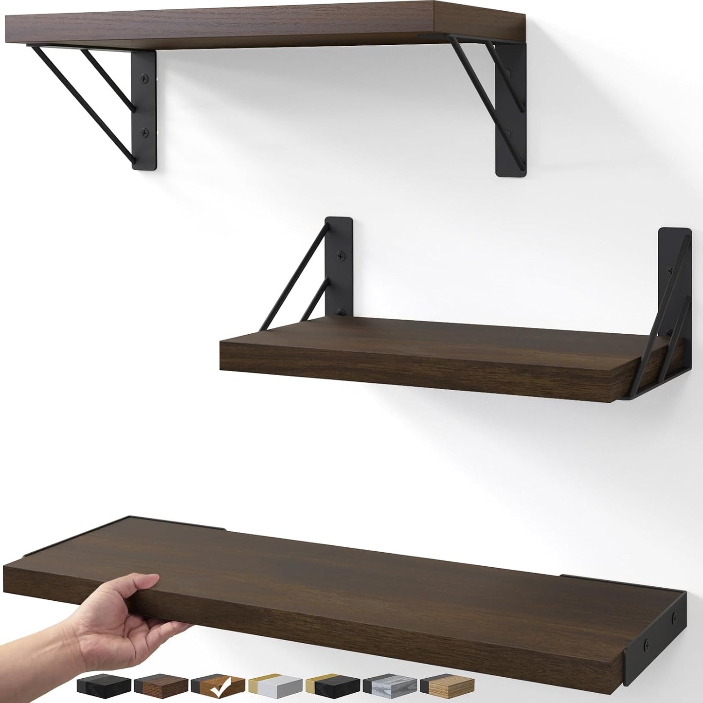 BAYKA Floating Shelves for Wall, Book Shelf for Bedroom, Wall Decor Shelves for Living Room Kitchen, Wood Floating Shelf for Home Decor, Corner Shelf for Bathroom, Office(Walnut-Toned,Set of 3)
