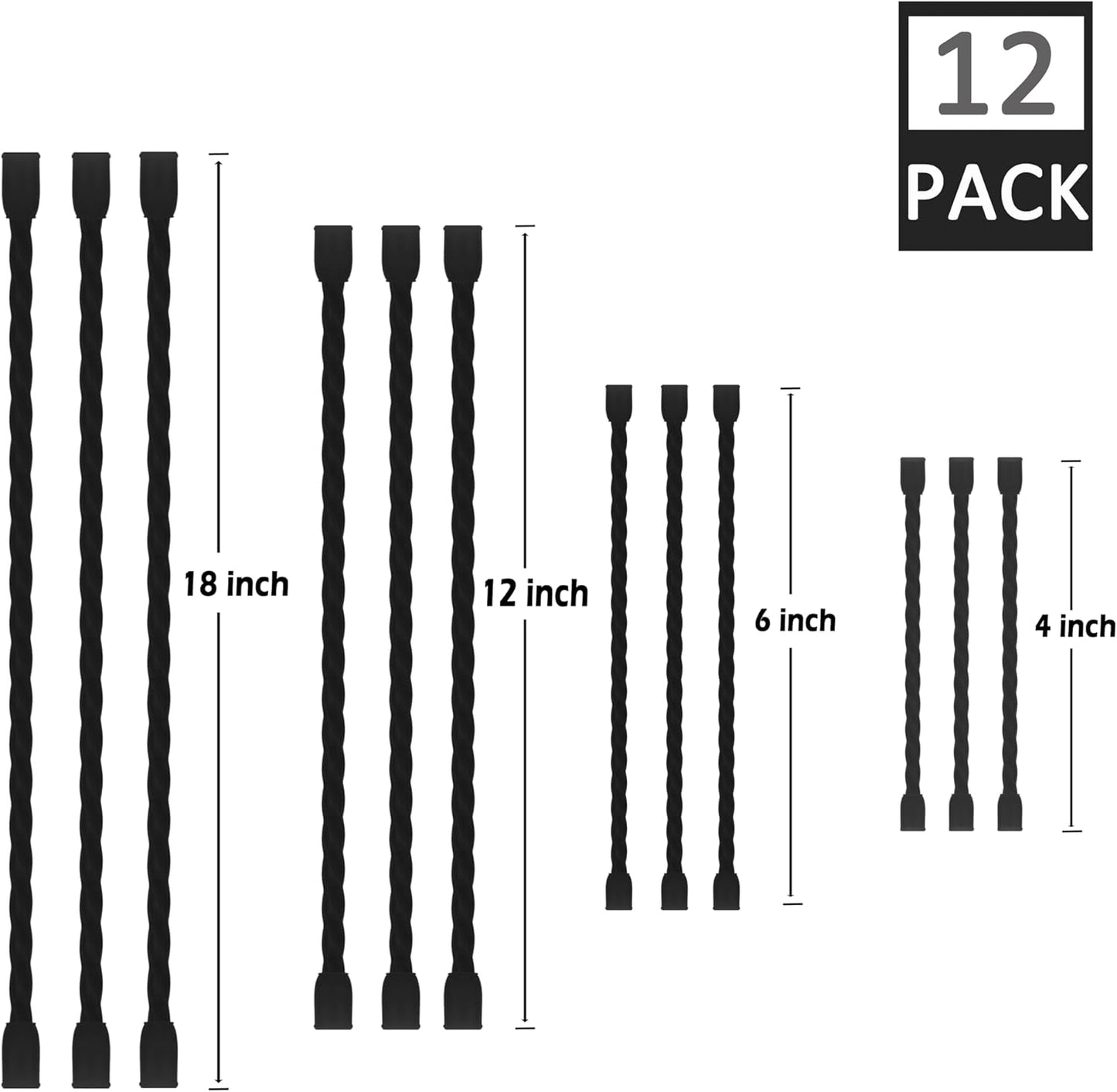 12PCS Silicone Cable Ties Reusable Twist Ties Steel-Core Black Straps Organizer All Purpose Bendable Cord Tie for Indoor Outdoor Holding Securing and Wrapping (6 12 18 24 inch)