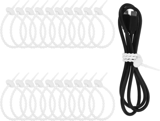uxcell 20 Pcs Silicone Ties Bag Clip, 8.5 Inch Multi Purpose Silicone Zip Ties Reusable Rubber Zip Tie, Cable Strap Cord Organizer for Home Office Food Bag Wires Cables, White