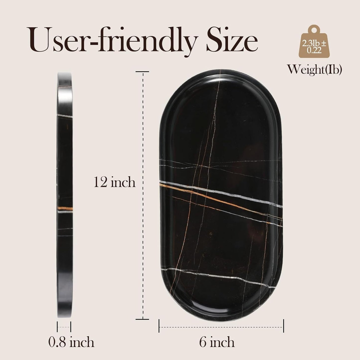 Koville Natural Black Marble Tray, 12"x6" Decorative Tray for Countertop, Catchall for Perfume, Candles, Jewelry Dish