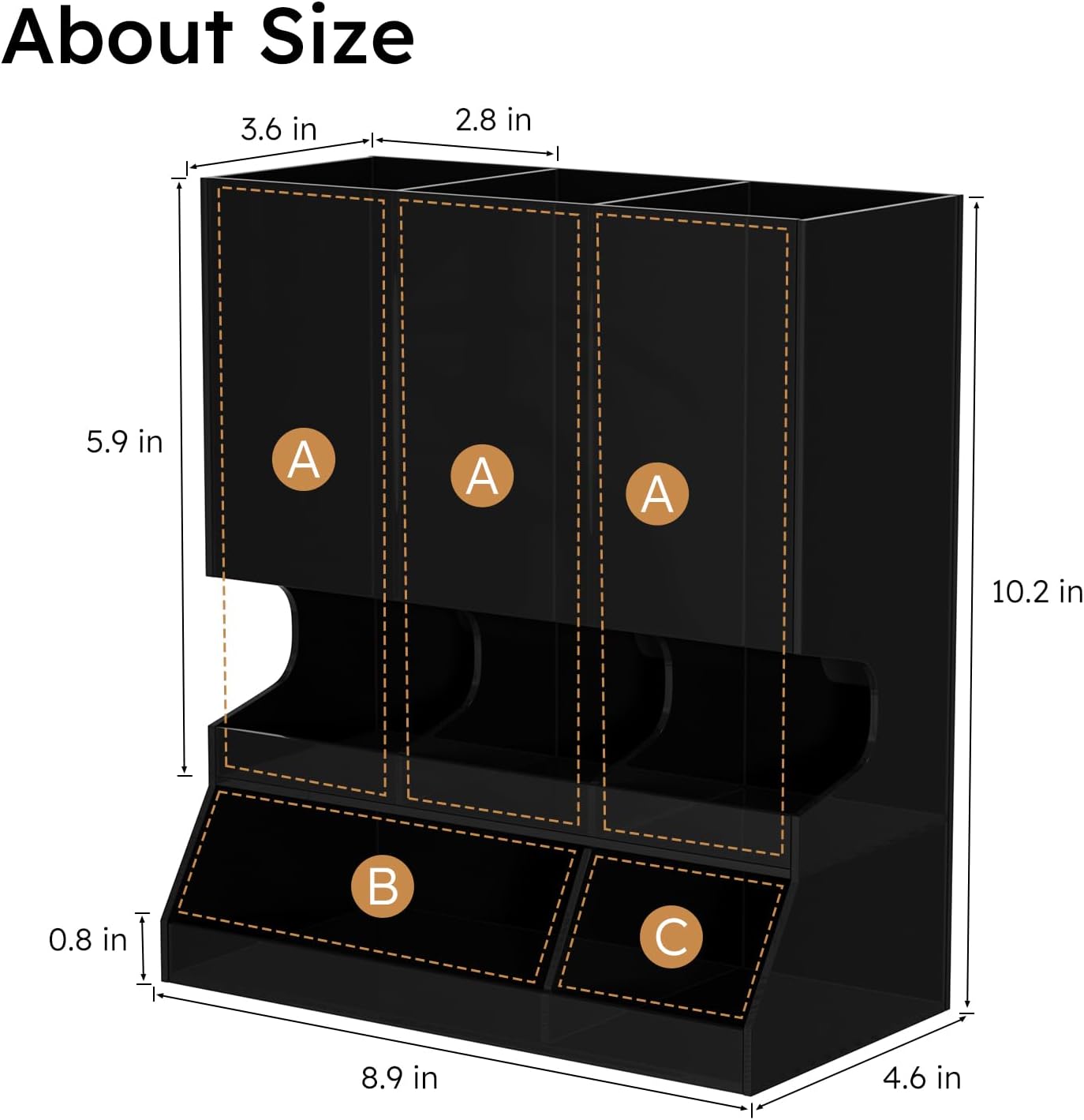 AITEE Modern Black Acrylic Coffee Pod Holder, 3-Compartment Dispenser Organizer for 30 K Cups, Sleek Smudge-Proof Design, Countertop Rack for Kitchen, Breakroom, Pantry, 8.9" L x 4.6" W x 10.2" H