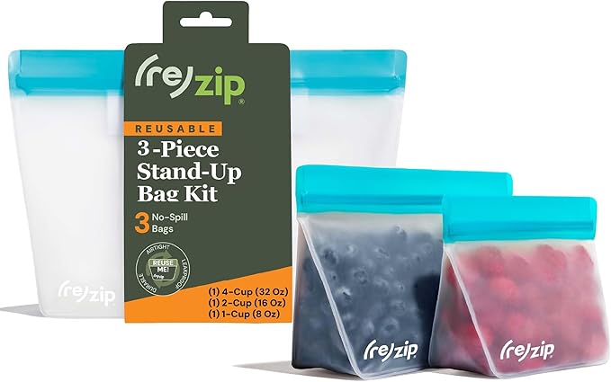 (re) zip 3-Piece Stand-Up Reusable Bag Kit | BPA-Free, Food Grade, Leakproof, Freezer and Dishwasher Safe | Quart (1), 2-Cup (1), Snack (1) | Aqua