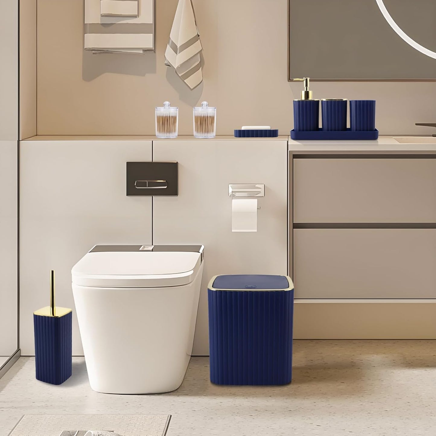 Bathroom Accessories Set - Gorgeous Bathroom Set, 10PC Navy Blue Bathroom Accessory Set, Toilet Brush, Trash Can, Qtip Holder Dispenser & Soap Dispenser