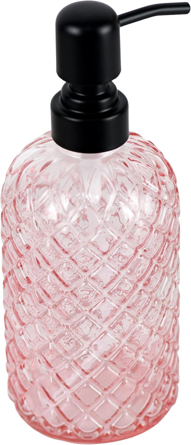 12Oz Glass Soap Dispenser with 304 Black Rustproof Stainless-Steel Pump, Refillable Glass Soap Dispenser for Kitchen, Bathroom, Farmhouse (Pink-2pack& Tray)