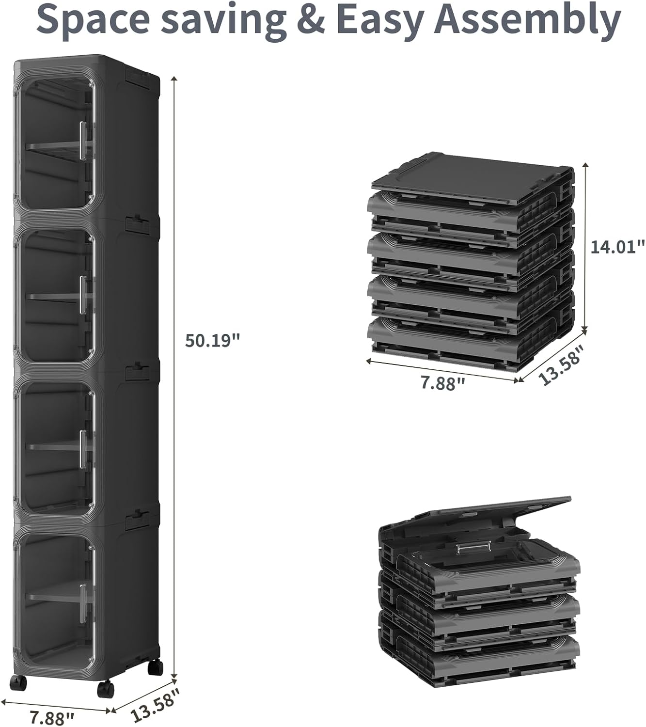 KHNR 4-Tiers Slim Bathroom Storage Cabinet, Foldable Storage Cabinets,Narrow Bathroom Storage,Movable Bathroom Storage Organizer for Small Spaces,Bathroom,Kitchen,Laundry,Black
