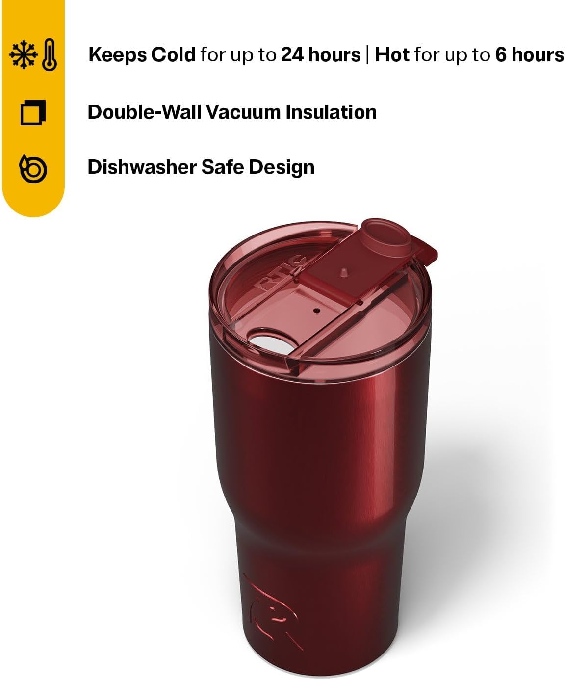 RTIC 30oz Essential Tumbler with Lid, Insulated, Stainless Steel, Metal, Double Wall Vacuum-Insulation, Ceramic Lined, Travel Cup for Iced Coffee, Tea, Hot and Cold Drink, Black Cherry Metallic