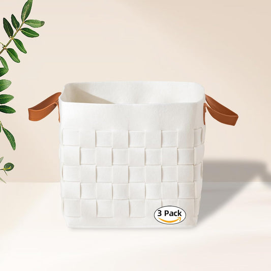 boldmonkey Storage Basket 3 Pack, 13" x13" x13 Large Blanket Baskets with Leather Handle, Cube Felt Fabric Storage Box for Shelves, Bedroom, Nursery, Living Room - Beige