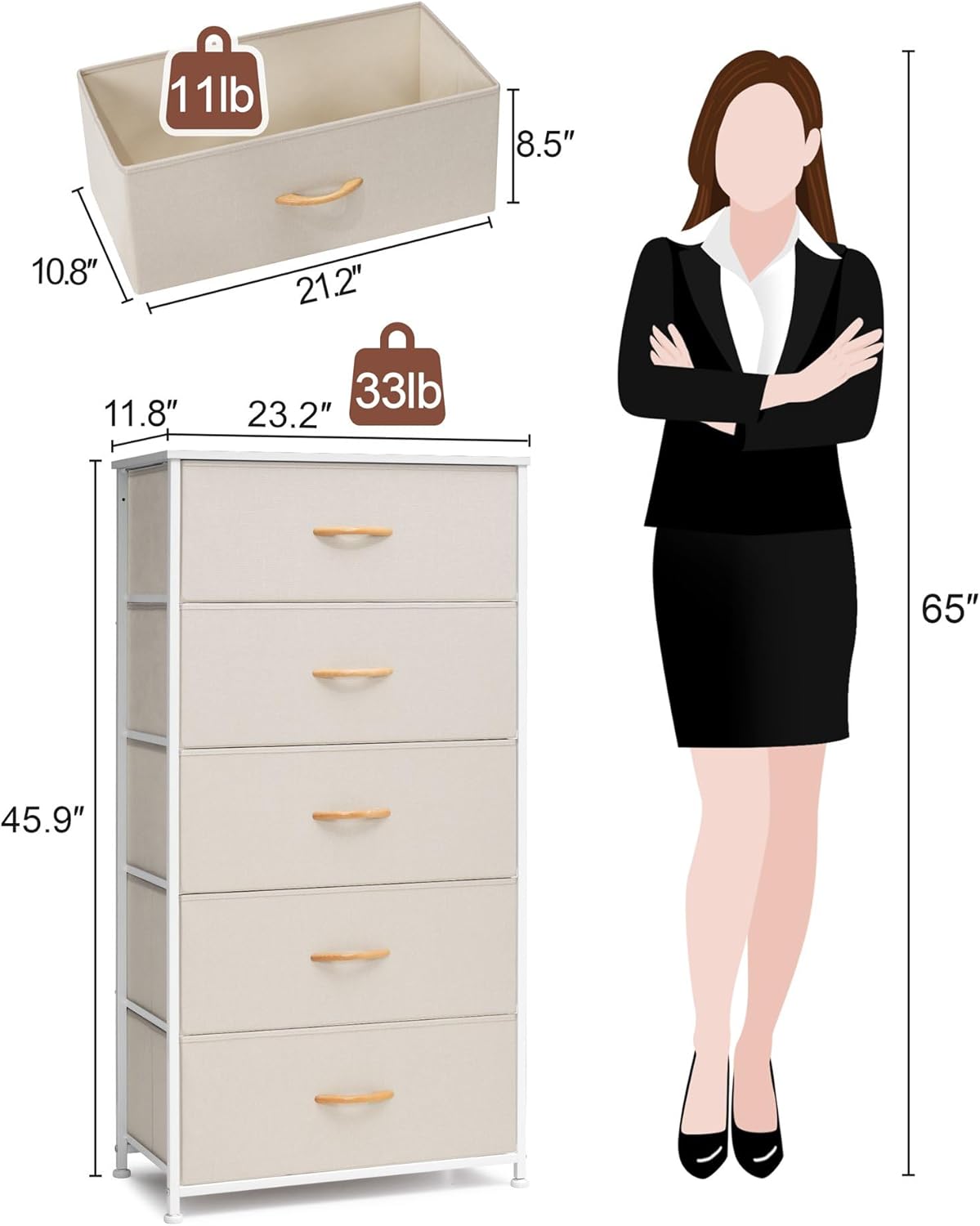 Crestlive Products Vertical Dresser Storage Tower - Sturdy Steel Frame, Wood Top, Easy Pull Fabric Bins - Wide Organizer Unit for Bedroom, Hallway, Entryway, Closets - 5 Drawers(Beige)