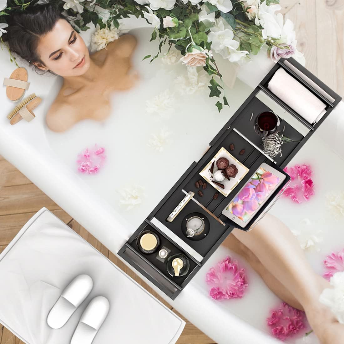 Bath Caddy Tray for Bathtub - Bamboo Adjustable Organizer Tray for Bathroom with Free Soap Dish Suitable for Luxury Spa or Reading(Black)