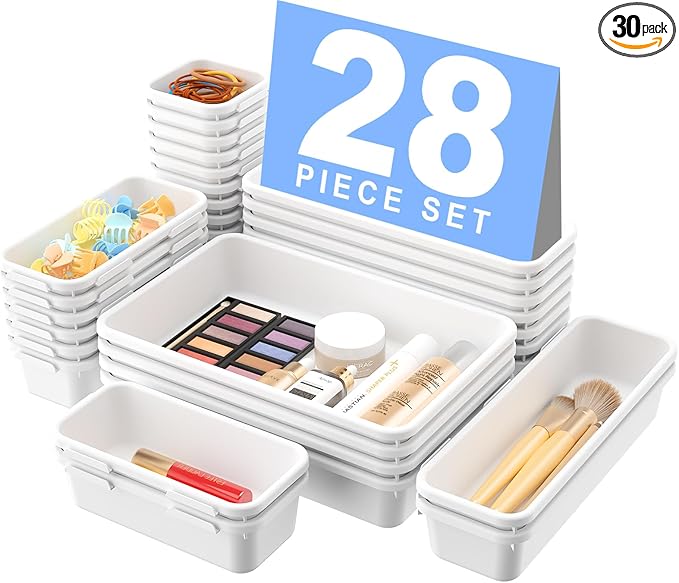 A-LuGei 【𝟮𝟴𝗣𝗖𝗦】 【𝟱𝗦𝗶𝘇𝗲】 White Drawer Organizer, Makeup organizer, 【Holds 177 Items】 Bathroom Organizers and Storage, Plastic Desk Organizer Divider, Organizer Bins for Office Vanity