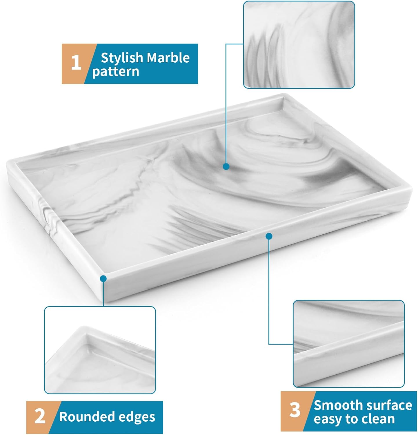 12" Large Ceramic Vanity Tray, Rectangle Perfume Plate Organizer, Jewelry Holder Dish, Non Slip Decorative Tray for Bathroom, Bedroom, Kitchen, Coffee Table (Marble Grey)