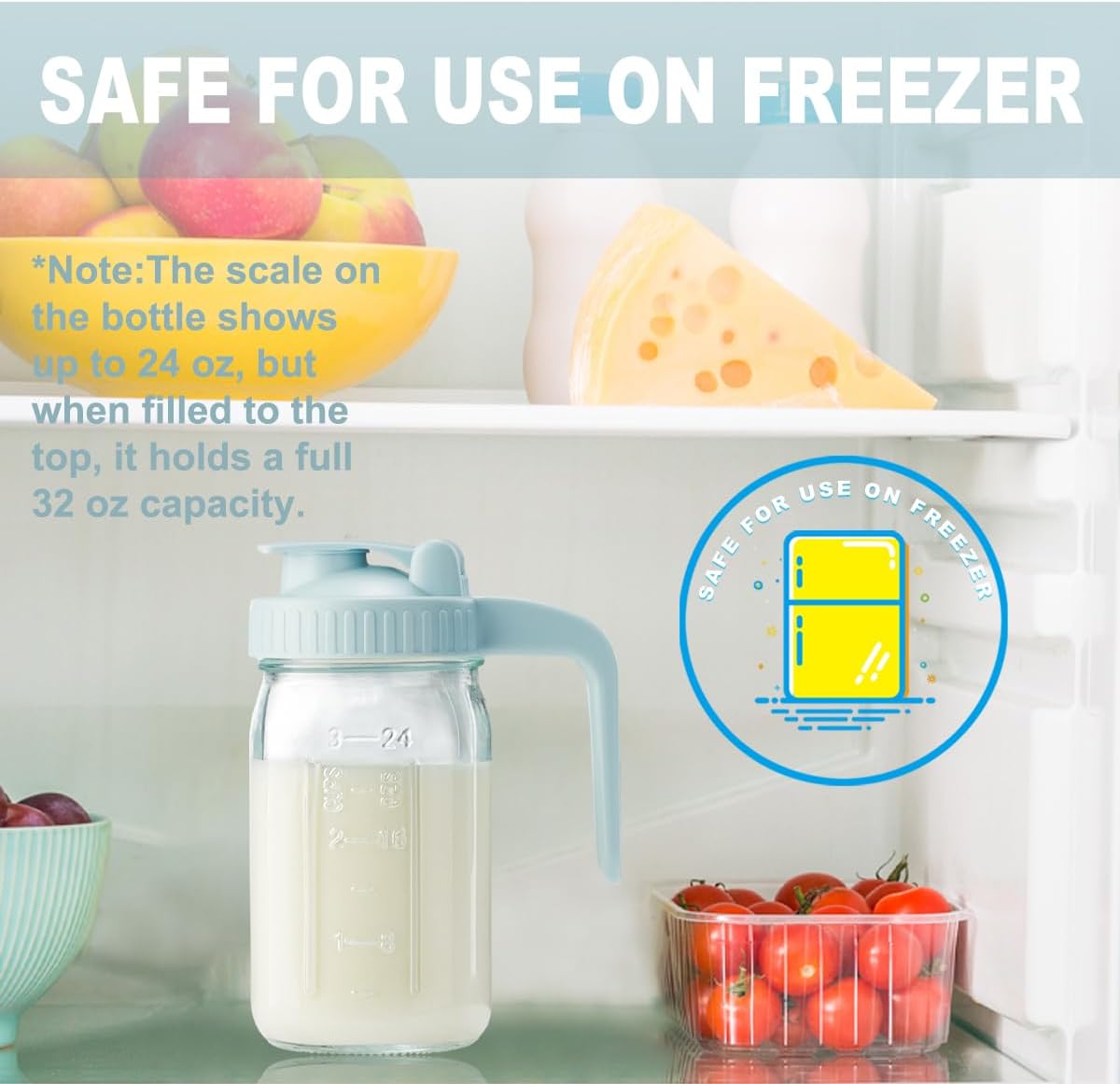 32oz Glass Pitcher with Lid & V-shaped Pour Spout - 1 Quart Breastmilk Pitcher Double Leak Proof, Creamer Container for Sun Tea, Juice, Cold Brew Coffee, Breastmilk Storage Container