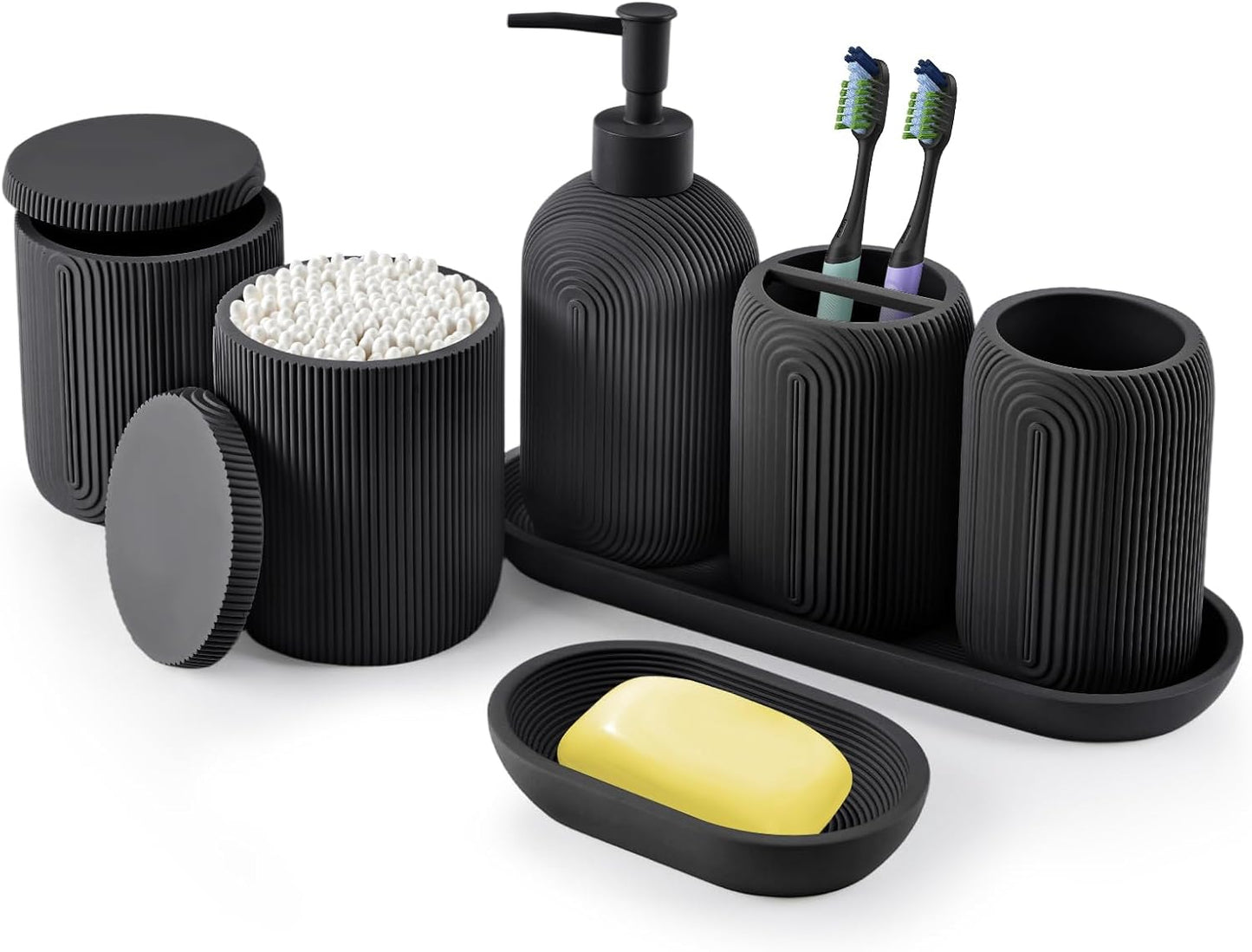 Bathroom Accessories Set - 7-Piece Resin Bathroom Set, Toothbrush Holders Set, Soap Dispenser, Qtip Holder Dispenser, Tumbler, Soap Dish & Tray, Modern Bath Decor for Home Dorm Hotel (Black)
