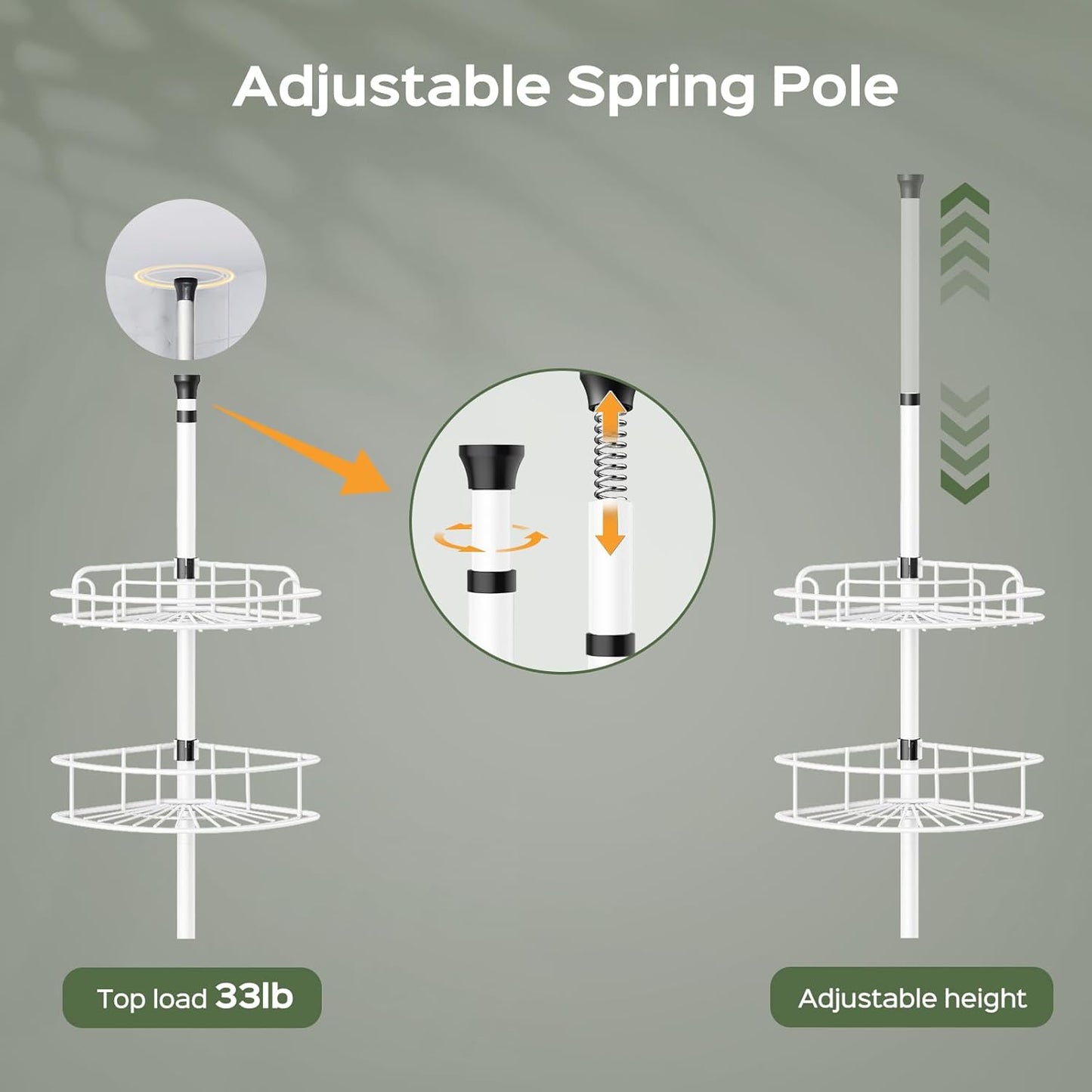 HAMITOR Corner Shower Caddy Tension Pole: Rustproof Bathroom Organizer Shelves for Bathtub Shampoo Accessories Storage Holder - 47-121 Inch Adjust - White