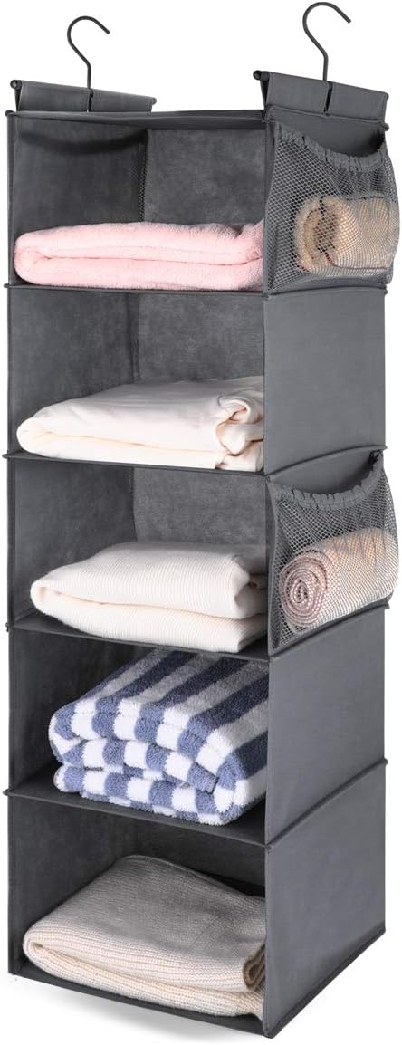 MAX Houser 5 Shelf Hanging Closet Organizer, Space Saver, Cloth Hanging Shelves with 4 Side Pockets, Foldable, Grey