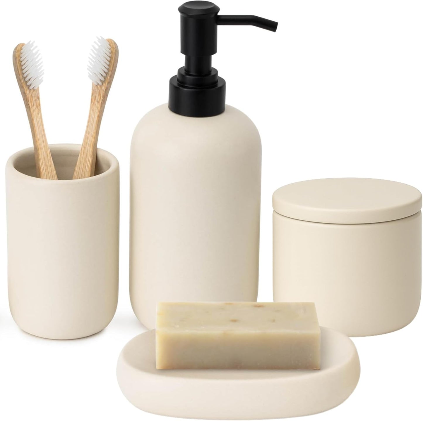 Ceramic Bathroom Accessories Set 4 Pcs – Modern Scandinavian Neutral Bathroom Soap Dispenser Set with Toothbrush Holder, Soap Dish & Cup – Minimalist Bathroom Accessory Set Decor - Cream/Light Beige