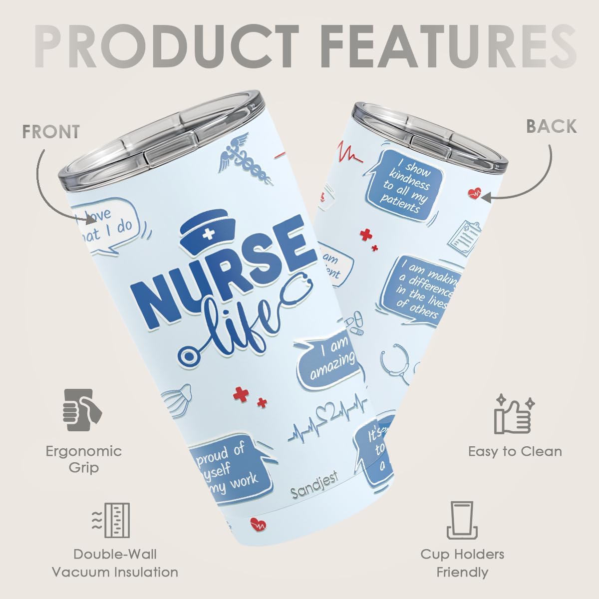 SANDJEST Nurses Tumbler 20oz, Stainless Steel Travel Cup with Lid, Nurse Life Insulated Coffee Mug, Gifts for Women Girls Friends Sisters on Birthday Christmas Nurse Week