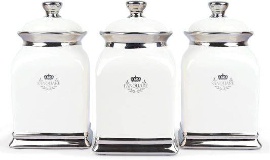 fanquare 30 OZ Cookie Jar, White Kitchen Canisters Set of 3, Farmhouse Porcelain Decorative Jars for Countertop, Ceramic Storage Jar for Coffee, Sugar, Tea Bag