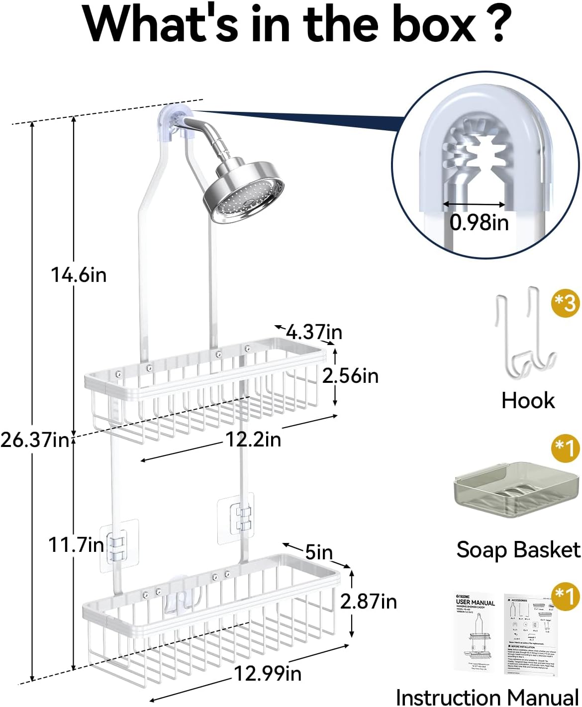 YASONIC Shower Caddy Hanging, Never Rust Shower Organizer Hanging, Aluminum Shower Racks for Inside Shower with Hooks for Razor, Bathroom Organizers and Storage with Soap Holder, White