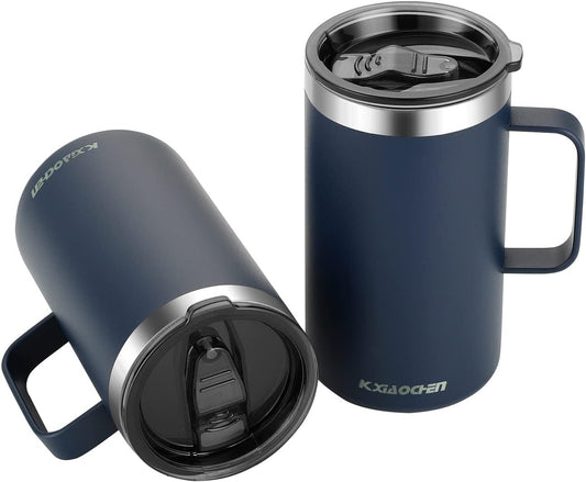 KXIAOCHEN 20oz Insulated Coffee Mug with Lid, Stainless Steel Coffee Cup, Double Wall Vacuum Coffee Tumbler with Handle, Premium Thermal Travel Coffee Mug (Navy blue 2Pack)